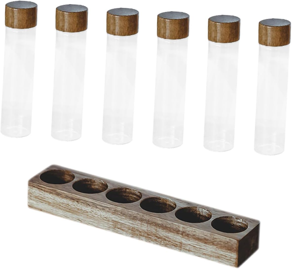Set de 6 tubos de vidrio para almacenar café con soporte de madera