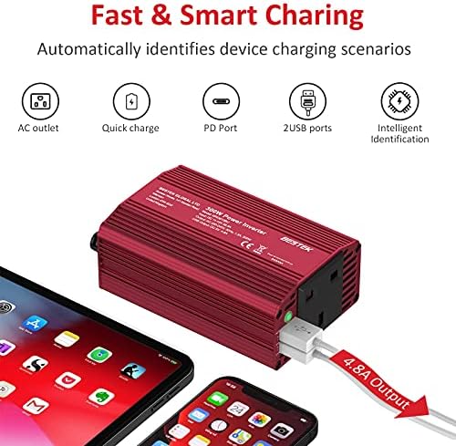 BESTEK USB C PD 300W Car Inverter, 18W Type-C PD Cigarette Lighter Plug, DC 12V to AC 220V 230V 240V Outlet Power Converter with 4.8A Dual USB Port