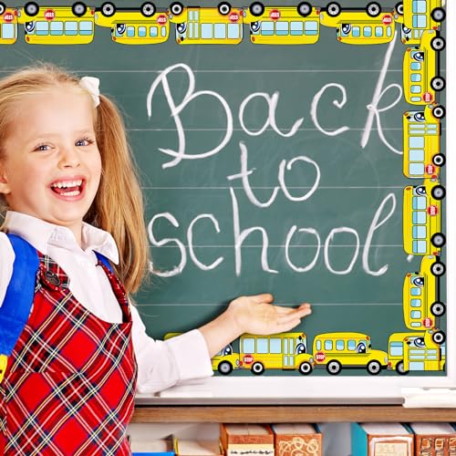 Image of Whaline 32.8 Ft School Bus Bulletin Board Borders Yellow Cartoon Bus Die-Cut Rolled Border Trim for Back to School Classroom Home Chalkboard Decoration