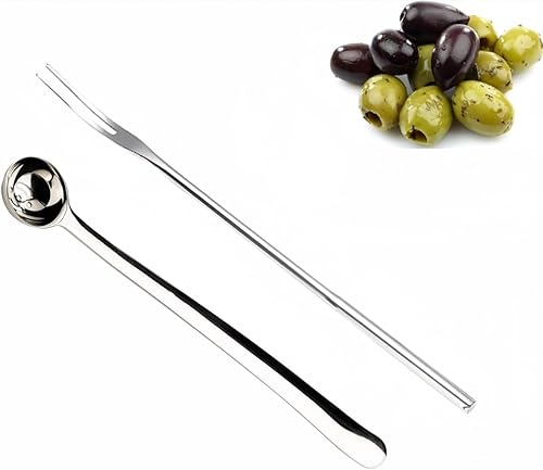 Miniatura 9 de Juego de cuchara de oliva y tenedor de pepinillo de mango largo, cuchara de servir y tenedor, recogedor de alimentos de acero inoxidable para