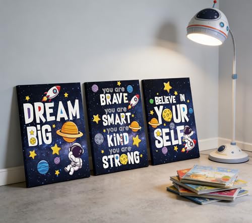 Image of 3Pcs Inspirational Space Astronaut Kids Canvas Wall Art, Inspirational Quotes Painting Picture Wall Decor, Boys Positive Affirmative Poster Print Artwork for Playroom, Classroom, 16x24in