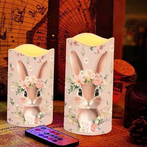 Image of Cute Bunny Pink Floral Plastic Flameless Candles with Remote Control and Timer LED Flickering Battery Operated Color Changing Electric Pillar Candles Easter Decoration