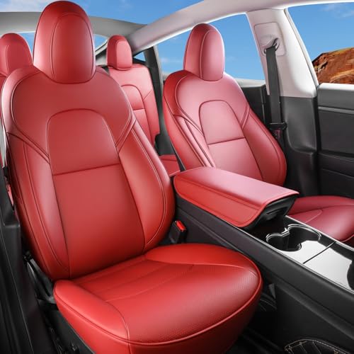 Wekar Tesla Model Y Car Seat Covers Nappa Leather Car Interior Seat Airbag Compatible Cushion Cover Full Set Custom Fit 2024 2023 2022 2021 2020 Nappa Wine Red