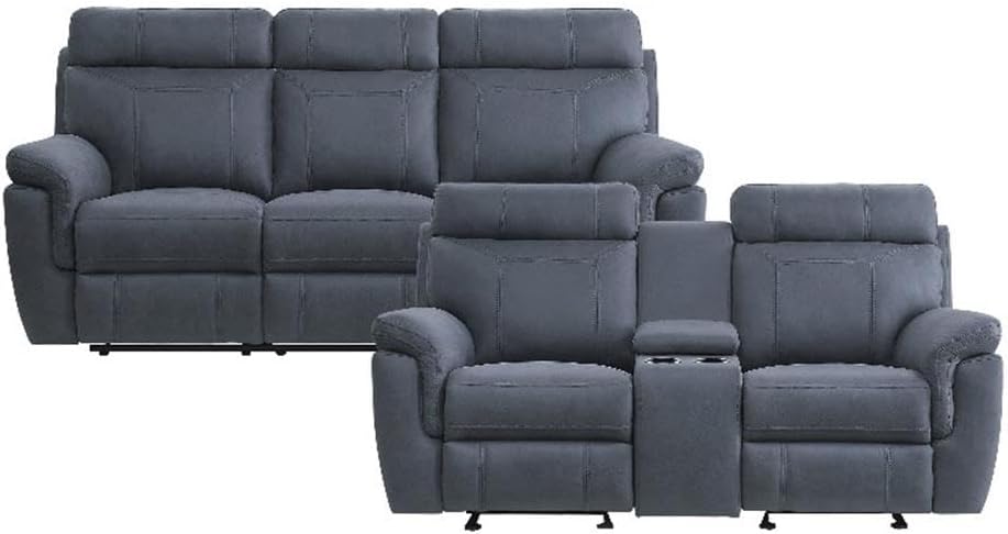 Pemberly Row Microfiber 2-Piece Manual Reclining Sofa Set, Blue Polished Finish, Dual Recliners with Drop-Down Table and Cup Holders, Glider Loveseat with Console, Casual Living Room Furniture