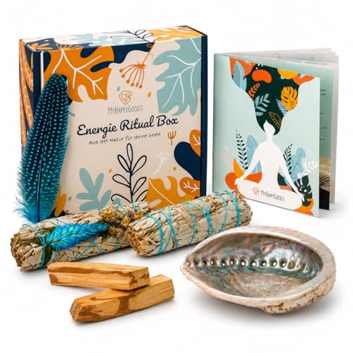 MyHappyGoods Premium Räucherset I Weisser Salbei zum Räuchern Palo Santo I Robuste Abalone-Muschel I Räucherbündel I Ausführliche Anleitung