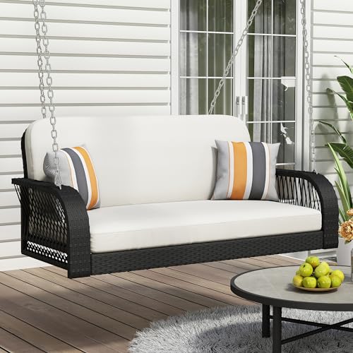 2-Person Capacity Courtyard Wicker Hanging Bench Outdoor Porch Swing Chair Include Hanging Chains, Cushion and Pillows, Rattan Wicker Swing Padded Bench for Garden, Backyard, Balcony, Pond