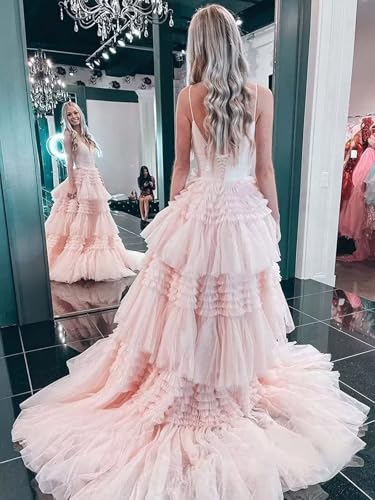 Tiered Glitter Tulle Prom Dresses for Women Princess Ball Gown Long Formal Evening Dress with Slit2