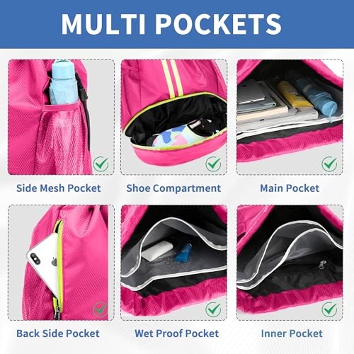 Image of JELUTAR Drawstring Backpack Gym Bag with Shoes Compartment, Rose