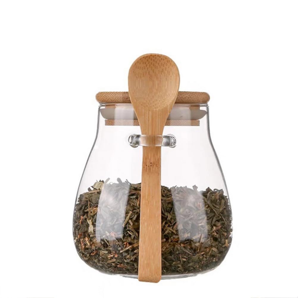 VANTOBEST Airtight Glass Jar Storage Container with Lid and Spoon 12 Oz Glass Food Storage Canisters Decorative Kitchen Canisters Organization Jar for Coffee Bean Tea Sugar Noodles Candy Bath Salt
