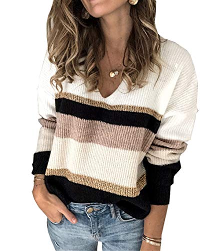 Image of PRETTYGARDEN Women's V Neck Striped Knit Pullover Sweater