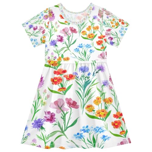 Wildflower Bouquets Girls Dress Short Sleeve Summer Sundress Casual A Line Dresses 2-8 Years