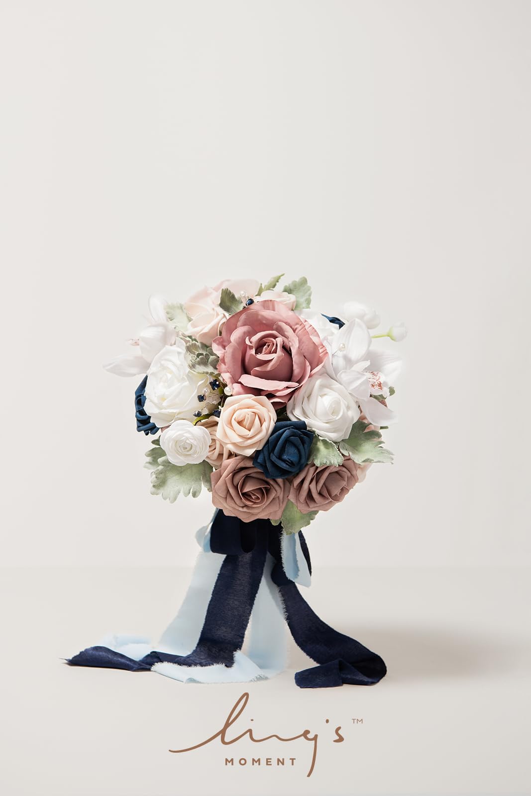 Ling's moment Dusty Rose Marineblau Brautstrauß für Braut, rosa Hochzeitssträuße für Braut Trauzeugin Brautjungfer, 9 Zoll Seide Runde Künstliche Hochzeit Blumen Sträuße, Kleine Brautjungfer Strauß