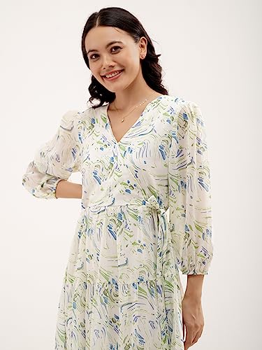Image of AASK Abstract Printed Puff Sleeve Gathered Detailed Fit Flare Dress