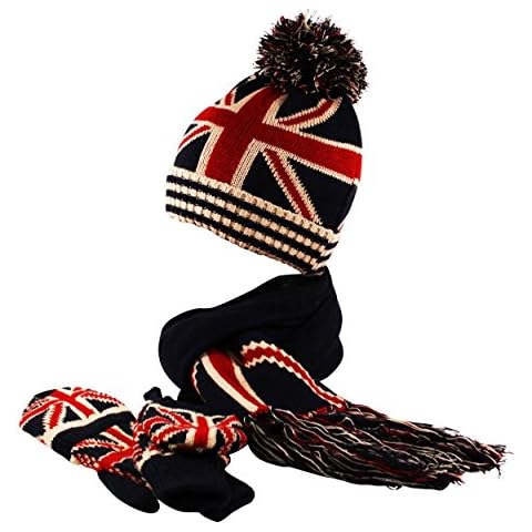Itzu Union Jack Knit Bobble Beanie Hat Mittens Scarf Winter 3 Piece Set in Navy Red Cream Cover