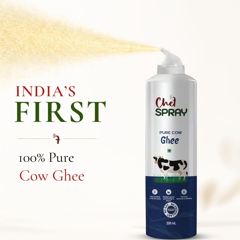 ChefSPRAY Pure Cow Ghee Cooking Spray - Uthukuli Bilona Ghee, 200ml - Propellant-Free Non-Stick Oil Spray Dispenser for Healthy Cooking & Air Fryer - Mess-Free Oil Control & Fitness