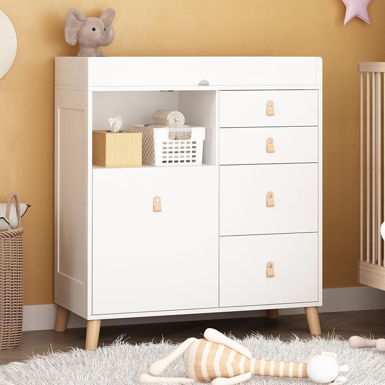 Image of DAWNSPACES Baby Changing Table Dresser for Infants, Nursery Dresser Chest with 5 Drawers, Shelf, Storage Changing Station Dresser, White