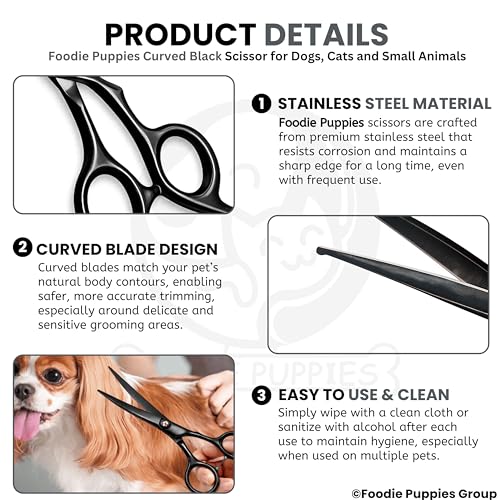 Image of Foodie Puppies Curved Dog Grooming Scissors - (Black) Stainless Steel Pet Hair Cutting Shears with Finger Rest | Precision Trimming for Dogs & Cats | Professional Grooming Tool for Home Use