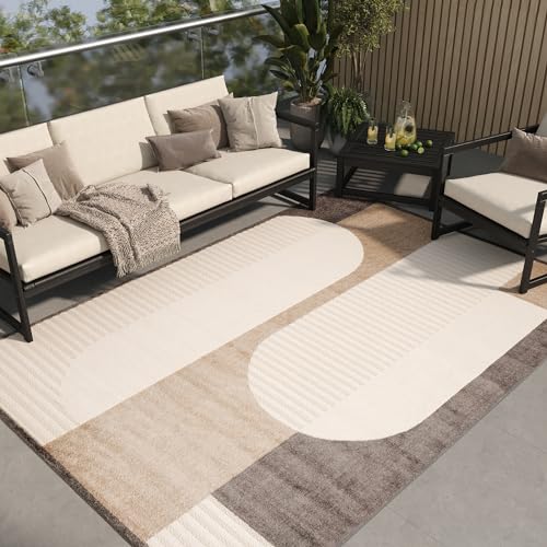 TAPISO Patio Teppich Flachgewebe Indoor Outdoor Creme Beige Dunkelbraun Modern Figuren Sisaloptik Wasserfest Wohnzimmer Terrasse ÖKO-TEX 120 x 170 cm