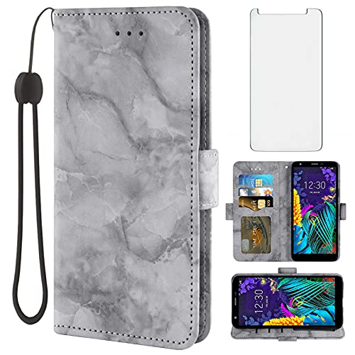 Asuwish Compatible with LG Aristo 4 Plus 4+/Tribute Royal X320/Escape Plus/Journey LTE L322DL/K30 2019 Case and Screen Protector Card Holder Kickstand Flip Marble Wallet Phone Cover for K 30 X2 Black