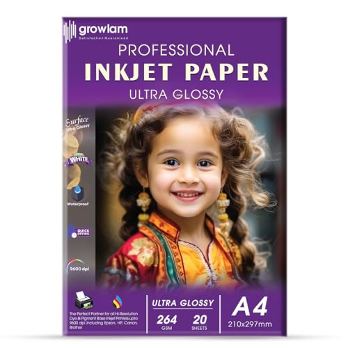 Image of Growlam Ultra Glossy Photo Paper 264 GSM A4 Size Photo Paper- Water Proof, Instant Drying, 20 Sheets, Resin Coated, Compatible with Inkjet Printer (Pack of 1)