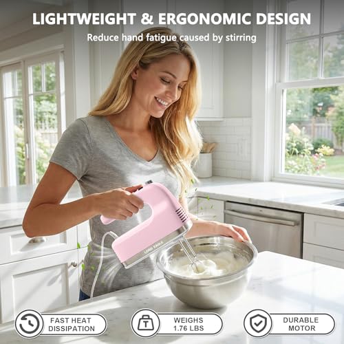 Image of Lord Eagle 9-Speed Digital Hand Mixer Electric Handheld, 500W DC Motor Kitchen Mixer for Cake Baking, Lightweight Egg Beaters with Stain-resistant & Waterproof Storage Bag & 6 Accessories, Pink
