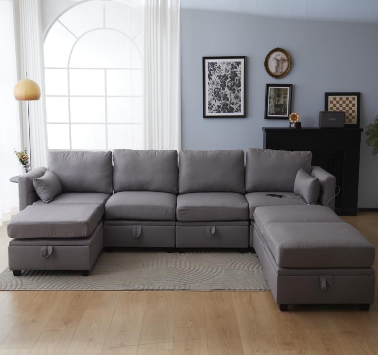 nozama Modern Couches, 7 Seater U-Shaped Sofa with Charging Station, Storage Space, Backrest, Removable Soft Cushion, Furniture for Bedroom, Living Room, Apartment,Light Grey