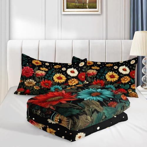 Image of AILONEN Enchanted Forest Queen Comforter Set 3 Piece, Floral Mushroom Bedding Pack, Gerbera Border Star Dot Print, Guest Bedroom, 2 Pillowcases
