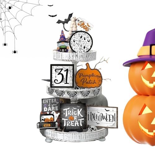 ハロウィン トレイ デコレーション | 不気味なコウモリとカボチャの木製サイン ルーム用,恐ろしいハロウィンデスクトップ装飾 本棚・リビング・寝室・キャビネット・書斎棚用