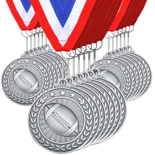 Remuuly 30 Pcs Silver Medals Bulk 2 Basketball Soccer Volleyball Football Kickball Tennis Hockey Medals for Award Metal Trophy with Neck Ribbons for Sports Participation Tournament Gift (Football)