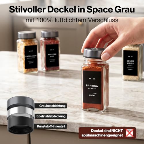 EDELHAUS Gewürzgläser Eckig Set 24x120ml Space Gray Edelstahl 240 Etiketten – Ansicht 5