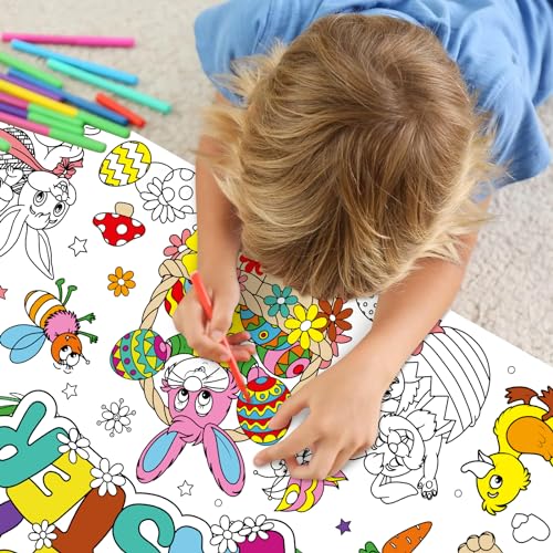 Image of Easter Large Coloring Poster for Kids, Happy Jumbo Coloring Paper Tablecloth, Bunny Eggs Color-in Craft Activities for School Classroom Home Party Supplies Decorations, 30 x 72 Inch