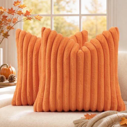 Image of decorUhome Fall Faux Fur Throw Pillow Covers 20x20 Set of 2 Pumpkin Orange