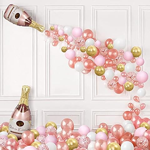 Teselife Rose Gold Champagne Bottle Balloon Garland Arch Kit, Pink White Latex Balloons with Large 3D Wine Bottle Gold Confetti Metallic Balloon for Girl's Party 18th Birthday Bride to Be Wedding Cover