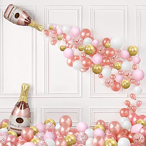 Teselife Rose Gold Champagner Flasche Ballon Girlande Bogen Kit, Pink White Latex Ballons mit großer 3D Weinflasche Gold Konfetti Metallic Ballon für Mädchen Party 18. Geburtstag Braut zu Hochzeit Cover