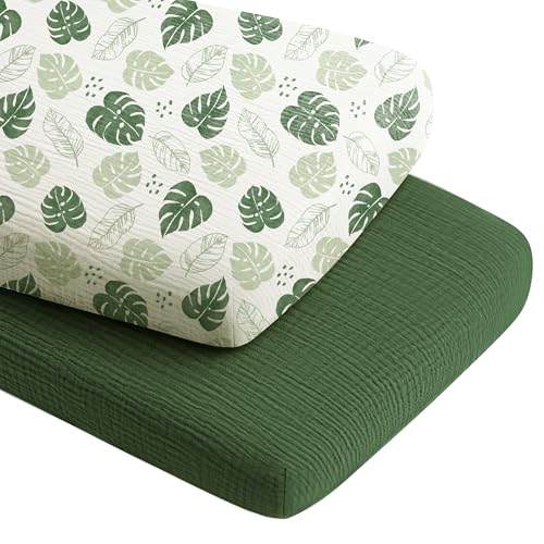Image of Konssy 2 Pack Muslin Bassinet Sheets for Boys, Girls, 100% Cotton Soft Breathable Fitted Bassinet Mattress Sheet, 33 x 21 inches (Sage Green,Leaf)