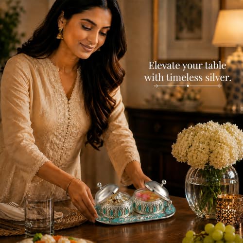 Image of Diviniti Silver Plated 2 Bowl Tray Set with Lids | Decorative Serveware for Dry Fruits, Sweets & Mouth Fresheners | Luxury Home Decor & Gifting Item for Dining Table, Diwali & Corporate Gifts (Blue)