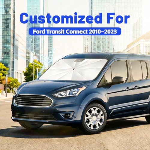 Image of Car Windshield Sun Shade for Ford Transit Connect 2010-2023 - Reflective Coated Fabric Sunshade Umbrella for Front Window, UV Protection Heat Shield Sun Blocker Heat Reflector, 1:1 Exact Fit