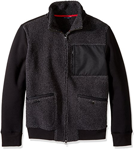 Nautica Men's Long Sleeve Zip Front Sherpa Knit Bomber Jacket, True Black, Large