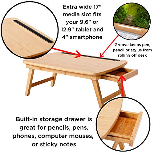 Birdrock Home Portable Sit Or Stand Desk With Storage Drawer And Media Slot | Folding Legs | Fits Laptops Up To 17" | 17" Tablet And Phone Slot | Smart Phones Up To 4" | Natural | Work From Home #TOP4