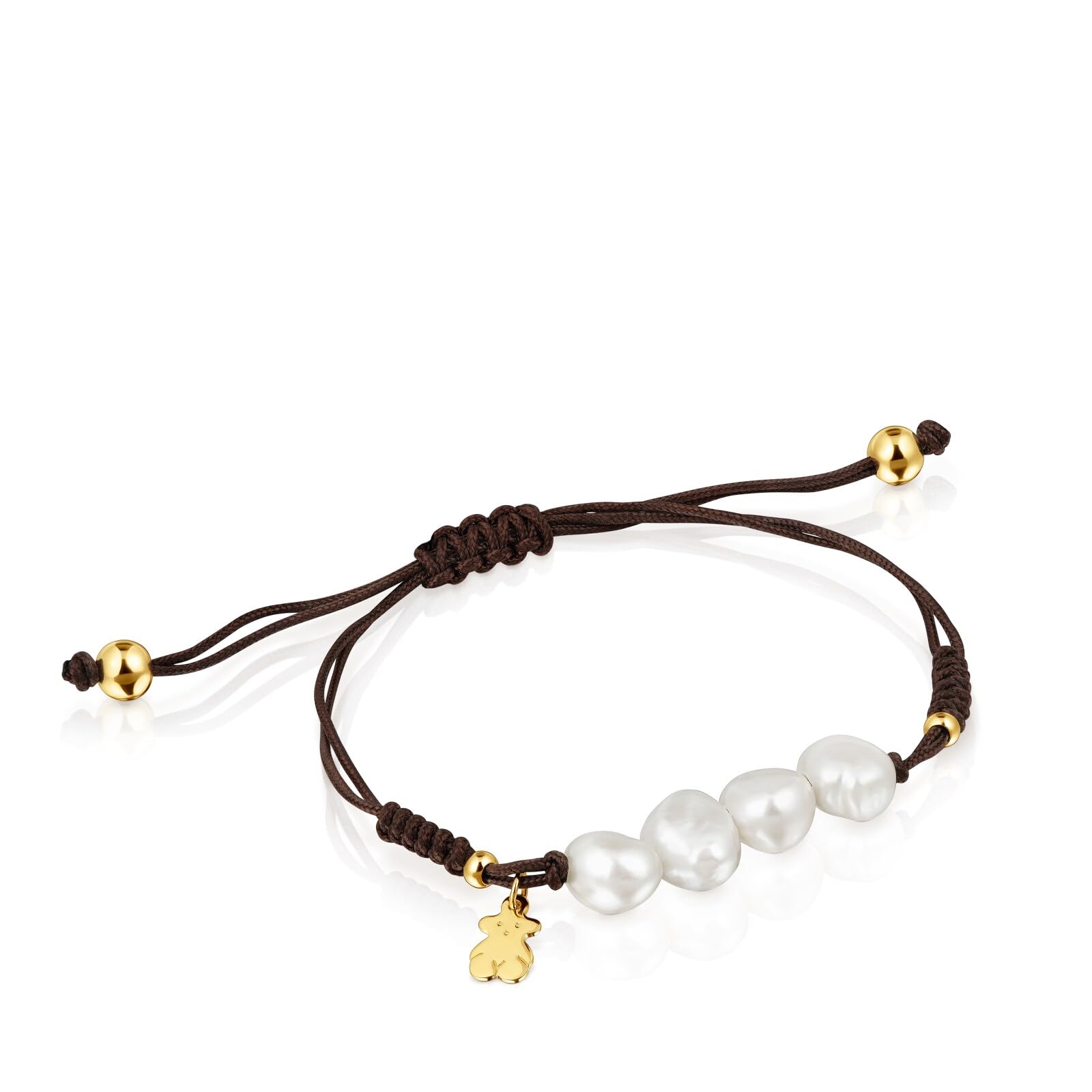 TOUS Pulsera de Nylon con Perlas Cultivadas para Mujer, con Motivos de Oso en Baño de Oro 18Kt sobre Plata, 16 cm de Largo, Versátil y Sofisticada, Colección Nudos
