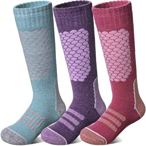 AMENLAN Kids Merino Wool Ski Socks Boys Girls Thick Winter Warm Thermal Hiking Snowboarding Knee high Socks 3 Pairs (Purple Green,8-12 Years)
