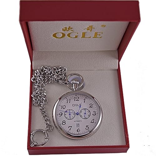 Image of OGLE 3ATM Waterproof Stainless Steel Energy Storage Display Day Calendar Large Size Fob Self Winding Automatic Skeleton Mechanical Pocket Watch
