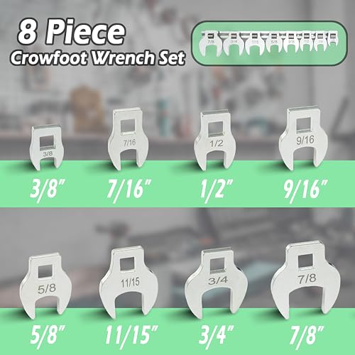 SABLUE Conjunto de 8 chaves Crowfoot (SAE/polegadas), pé de corvo, ideal para espaços de reparo auto