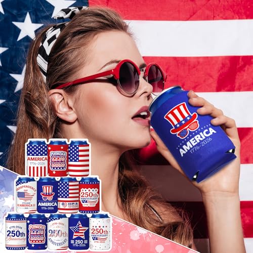 Image of Yungyan 12 Pcs 4th of July American Can Cooler Patriotic Sleeves 250th Anniversary for 1776-2026 Independence Day Red Blue USA Flag Accessories Memorial Day for Party Favors Decoration(Classic Style)