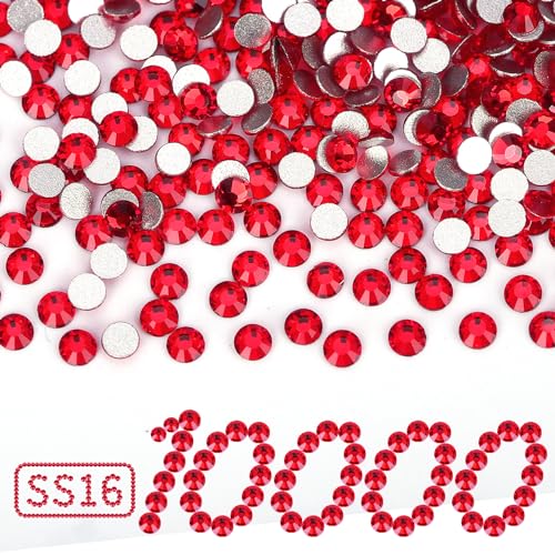Image of 10000PCS Red Rhinestones Bulk, Flat Back Crystal Glass Stone Round Gems,SS16, 3.8-4.0mm