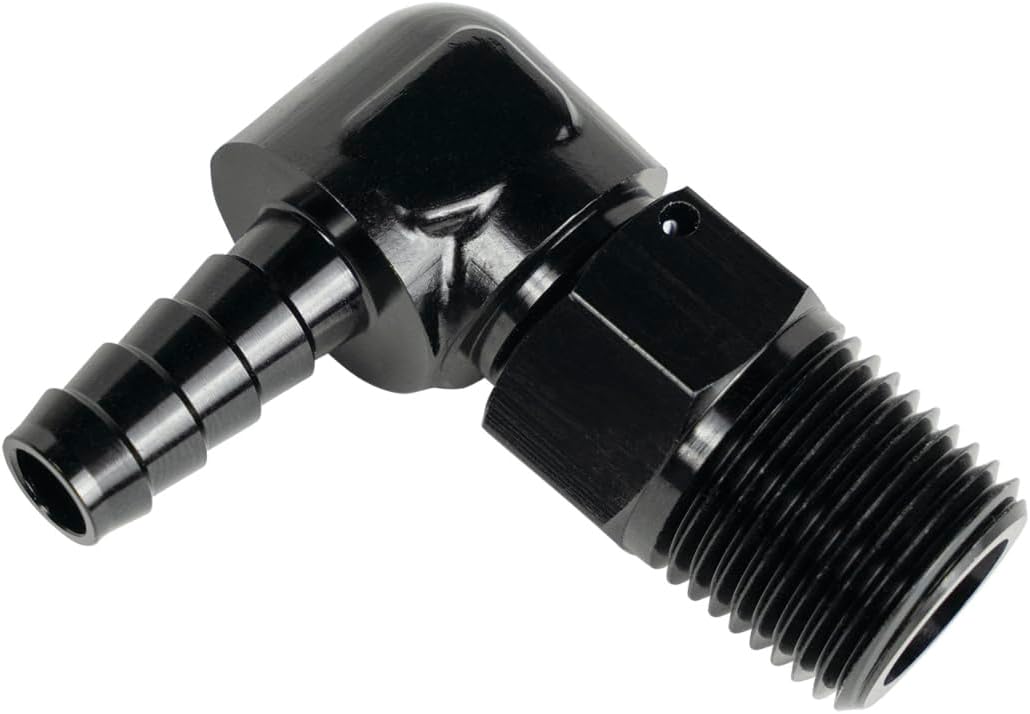 DERALE Fitting, Adapter, 90 Degree, 7/8-14 in NPT Male to 1/2 in Hose Barb, Aluminum, Black Anodized, Each