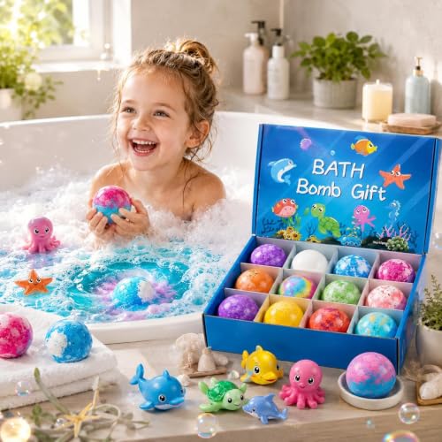 Image of Bath Bombs for Kids Gift Set, 12 Colorful Bath Bomb with Surprise Gift Inside, Ocean Theme Fizzing Tub Fun, Moisturizing Foam for Soft Skin, Cute Toy Filled Bath Time Treat