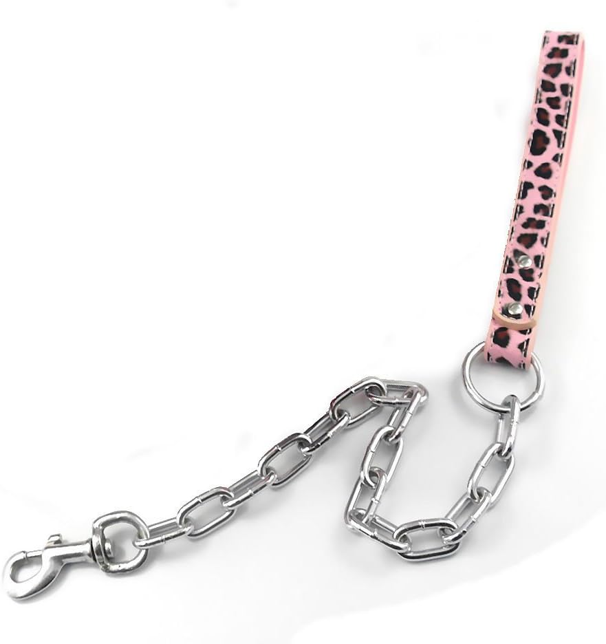 Pink Leopard 2Ft Chrome Chain Dog Leash with Leather Hand Strap Heavy Duty Training Pet Doggy Doggy Leads Size : M