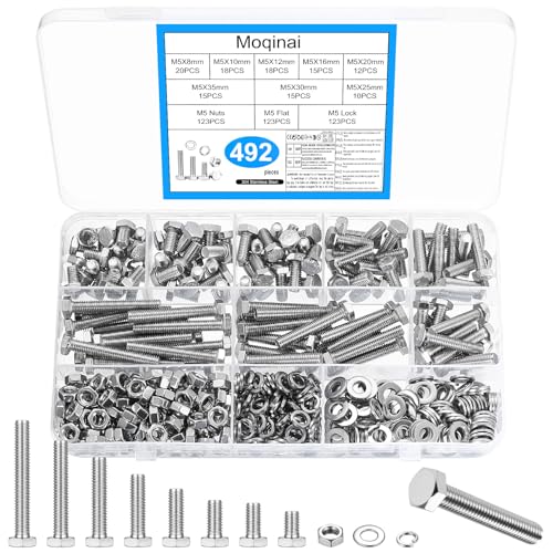 492 Pièces Vis Hexagonales en Acier Inoxydable M5, Set de Vis Métriques avec Écrous et Rondelles, Kit de Boulons M5 pour Machines, Assortiment de Visserie avec Rondelles Plates et Grower
