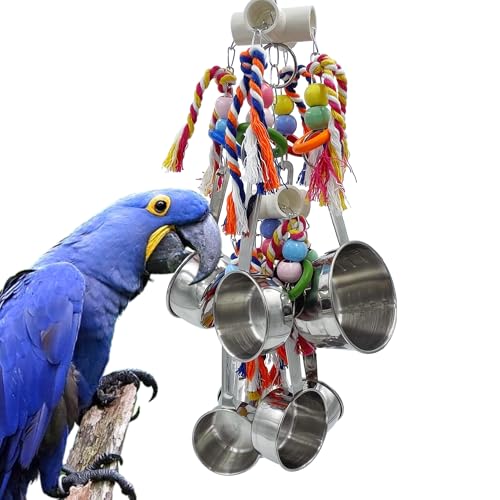 New-Upgraded-Metallic-Pots-and-Multicolored-Ring-Toys-Pullable-8-Stainless-Steel-Cups-and-8-Wooden-Ring-Toys-for-Large-and-Extra-Large-Parrot-Amazons-Macaws-African-Greys-Cockatoos-Eclectus New Upgraded Metallic Pots and Multicolored Ring Toys, Pullable 8 Stainless Steel Cups and 8 Wooden Ring Toys for Large and Extra Large Parrot Amazons Macaws African Greys Cockatoos Eclectus - Image 1